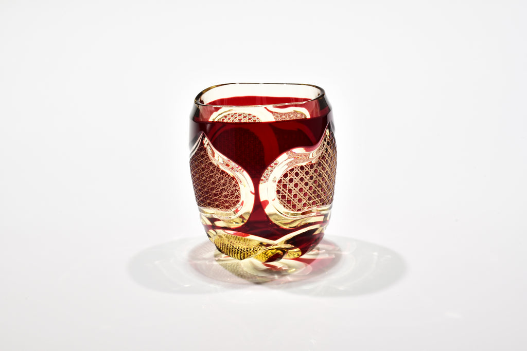 「静かなる炎」宙吹ぐい吞み（紅色・琥珀色）